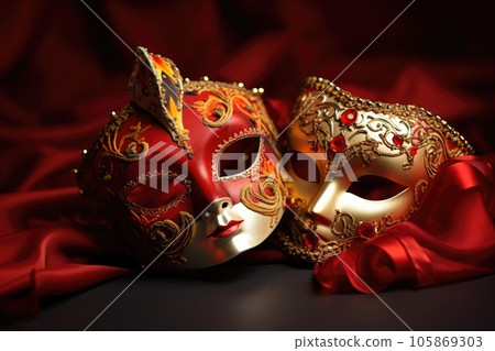 Festive Venetian carnival mask with gold decorations on red background. Festive Venetian carnival mask with gold decorations on red background. 105869303