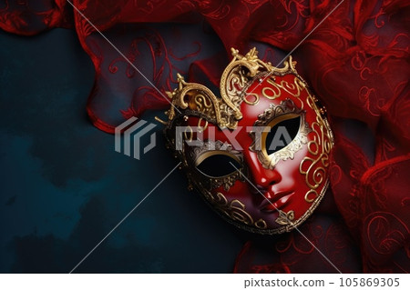 Festive Venetian carnival mask with gold decorations on red background. 105869305