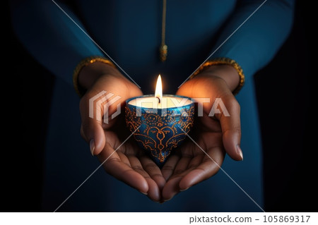 Woman hands with henna holding colorful clay diya lamps lit during diwali celebration 105869317