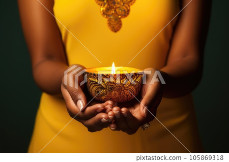 Woman hands with henna holding colorful clay diya lamps lit during diwali celebration Woman hands with henna holding colorful clay diya lamps lit during diwali celebration 105869318