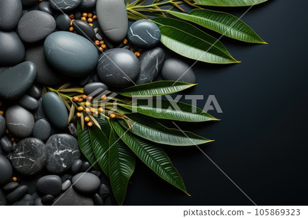 Spa concept with zen stones and tropical leaf on black background 105869323
