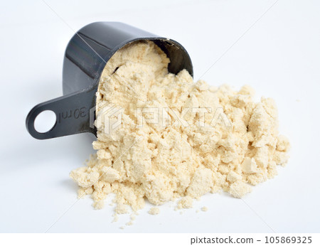 Plant protein powder isolated on white backgrouns. Plant protein powder isolated on white backgrouns. 105869325
