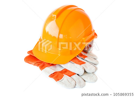 Leather work gloves and safety hat on white background 105869355