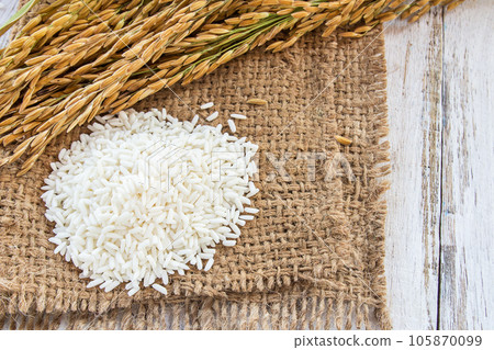 Spike and rice seed in burlap sack on a wooden table 105870099