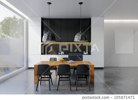 Minimal black and white kitchen with dining table. 3D illustration rendering Minimal black and white kitchen with dining table. 3D illustration rendering 105871471