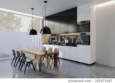 Minimal black and white kitchen with dining table. 3D illustration rendering Minimal black and white kitchen with dining table. 3D illustration rendering 105871487