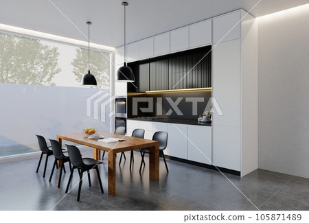 Minimal black and white kitchen with dining table. 3D illustration rendering Minimal black and white kitchen with dining table. 3D illustration rendering 105871489