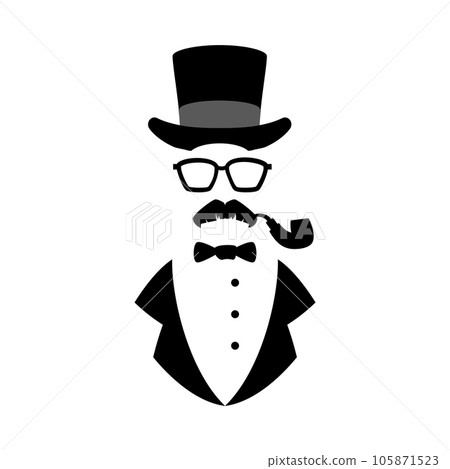 Silhouette of elegant man in hat, glasses and mustaches, flat vector illustration isolated on white background. 105871523