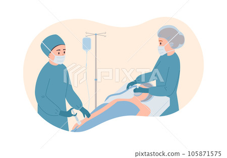 Patient in hospital lies under sedative mask, doctors and anesthetist doing general anesthesia, vector medical treatment 105871575