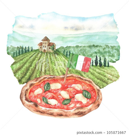 Watercolor illustration. Pizza with mozzarella and basil against the background of the landscape. Hand-drawn national cuisine of italy. Isolated on a white background. To create menu designs 105871667