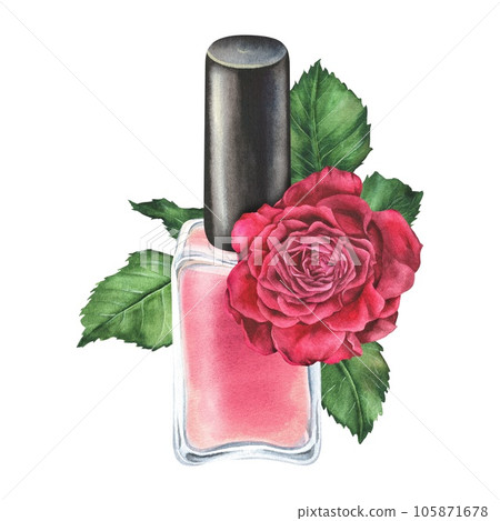 Watercolor illustration. Pink nail polish with a composition of rose and leaves.Hand drawn isolated clip art on white background.For manicure,beauty salons, cosmetic stores to create stickers,posters Watercolor illustration. Pink nail polish with a composition of rose and leaves.Hand drawn isolated clip art on white background.For manicure,beauty salons, cosmetic stores to create stickers,posters 105871678