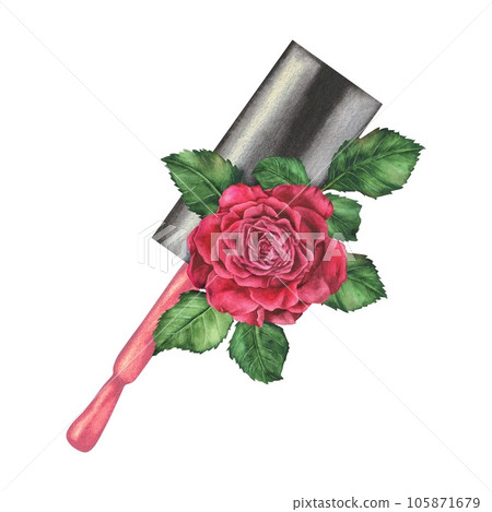 Watercolor illustration. Pink nail polish brush with a composition of rose and leaves. Hand drawn isolated clip art on white background. For manicure, beauty salons to create stickers, posters 105871679
