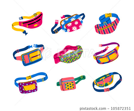 Cartoon Color Different Waist Bag Toes Icon Set Concept Flat Design Style. Vector illustration of Belt Bag Cartoon Color Different Waist Bag Toes Icon Set Concept Flat Design Style. Vector illustration of Belt Bag 105872351