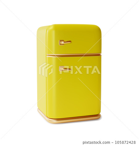 3d Yellow Refrigerator Cartoon Style Home Preserve Food Concept Kitchen Electric Appliance. Vector illustration of Vertical Fridge 105872428