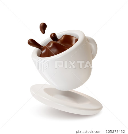 3d White Cup with Hot Coffee Splash Cartoon Style. Vector illustration of Falling Ceramic Mug with Espresso 105872432
