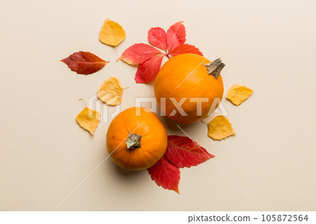 Autumn composition. Pattern made of dried leaves and other design accessories on table. Flat lay, top view Autumn composition. Pattern made of dried leaves and other design accessories on table. Flat lay, top view 105872564
