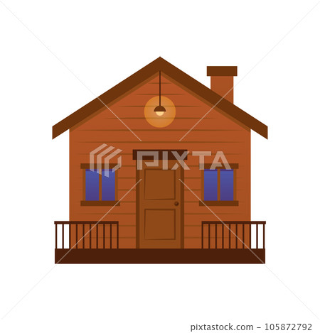 Wooden house with door windows and terrace, lamp is lit on the porch, small brown home vector flat isolated illustration 105872792