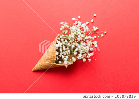 Waffle cone with beautiful gypsophila flowers... - Stock Photo