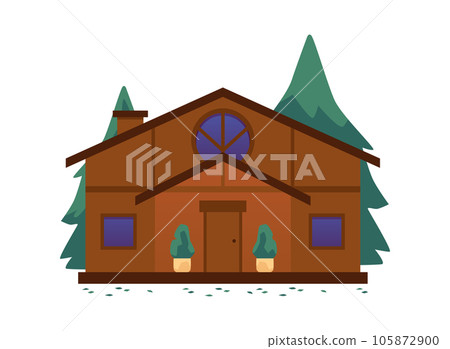 Big wooden house with flowers in pots in front of entrance flat style 105872900