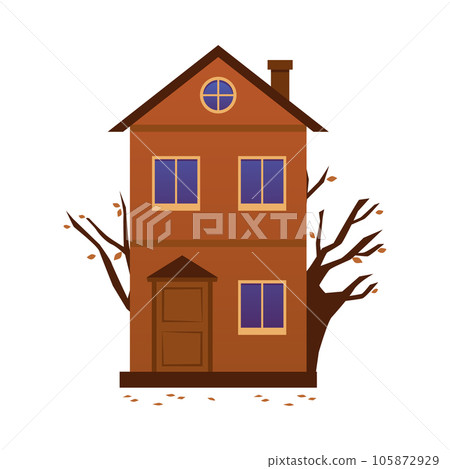 Wooden house exterior, tree branches and yellow falling leaves flat style 105872929