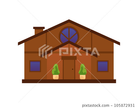 Wooden house exterior with plants on porch,... - Stock Illustration ...