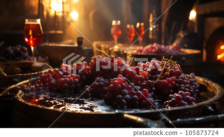 Still life of ripe red grapes with wine cups around. Illustration AI 105873724