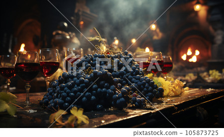 Still life of black grapes and red wine. Illustration AI Still life of black grapes and red wine. Illustration AI 105873725