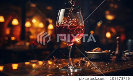 Recreation of red or pink wine falling in a crystal cup. Illustration AI Recreation of red or pink wine falling in a crystal cup. Illustration AI 105873726