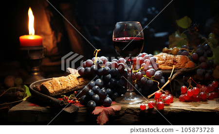 Still life of red grapes and red wine with a candle lighting. Illustration AI Still life of red grapes and red wine with a candle lighting. Illustration AI 105873728
