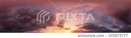Dramatic sunset sky panorama with bright glowing red pink Cumulus clouds. HDR 360 seamless spherical panorama. Sky dome in 3D, sky replacement for aerial drone panoramas. Climate and weather change. Dramatic sunset sky panorama with bright glowing red pink Cumulus clouds. HDR 360 seamless spherical panorama. Sky dome in 3D, sky replacement for aerial drone panoramas. Climate and weather change. 105873777
