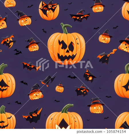 Cute cartoon pattern of Halloween pumpkin, bat on black background. Cute cartoon pattern of Halloween pumpkin, bat on black background. 105874154