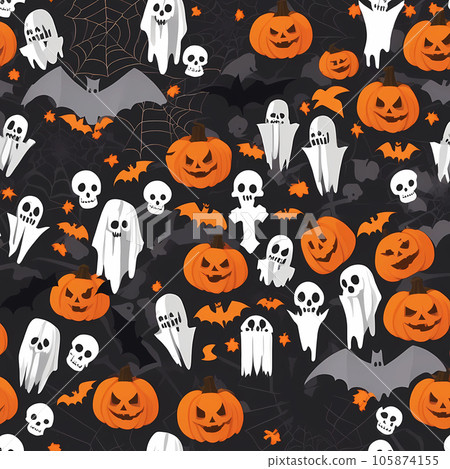 Halloween pumpkins and ghosts on black background. Halloween pumpkins and ghosts on black background. 105874155