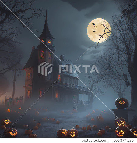 Haunted abandoned house. Pumpkins, candles, gloomy atmosphere, based around Halloween. Haunted abandoned house. Pumpkins, candles, gloomy atmosphere, based around Halloween. 105874156