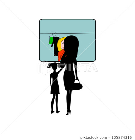 Black silhouettes of little girl and adult woman looking at the mirror 105874316