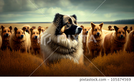 Recreation artistic of shepherd dog with a special flock in a field. Artificial Intelligence 105874569