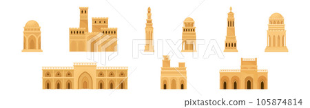 Arabic Architecture and Buildings with Arch Window Geometric Ornament Vector Set 105874814