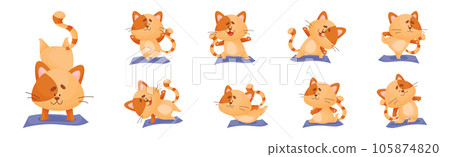 Ginger Cat with Striped Tail Doing Yoga Standing in Asana Vector Set 105874820