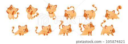 Ginger Cat with Striped Tail Doing Yoga Standing in Asana Vector Set 105874821