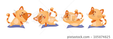 Ginger Cat with Striped Tail Doing Yoga Standing in Asana Vector Set Ginger Cat with Striped Tail Doing Yoga Standing in Asana Vector Set 105874825