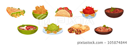 Mexican Traditional Food with Nachos, Tortilla, Burrito Wrap and Bean Stew Vector Set 105874844