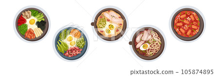 Korean Food and Dish Served on Plate Above View Vector Set Korean Food and Dish Served on Plate Above View Vector Set 105874895