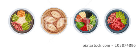 Korean Food and Dish Served on Plate Above View Vector Set 105874896
