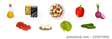 Greek Salad Ingredients with Olive Oil, Pepper, Tomato, Cucumber, Onion and Served Bowl Vector Set Greek Salad Ingredients with Olive Oil, Pepper, Tomato, Cucumber, Onion and Served Bowl Vector Set 105874902