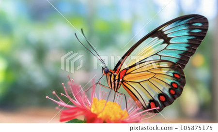 macro Photo of Goliath Birdwing Butterfly on single pastel flower macro Photo of Goliath Birdwing Butterfly on single pastel flower 105875175