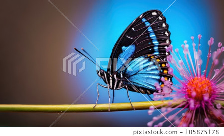 Macro Photo of Ulysses Butterfly in single flower on blue background Macro Photo of Ulysses Butterfly in single flower on blue background 105875178