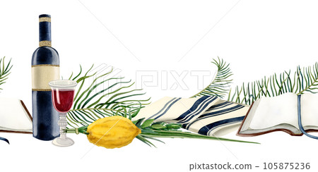 Sukkot horizontal seamless banner watercolor illustration isolated on white background with Jewish holiday symbols, etrog, tallit, red wine and Torah book 105875236