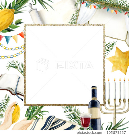 Sukkot square frame watercolor illustration isolated on white background with etrog, four species, tallit, sukkah, red wine and Torah book for Jewish holiday greetings Sukkot square frame watercolor illustration isolated on white background with etrog, four species, tallit, sukkah, red wine and Torah book for Jewish holiday greetings 105875237