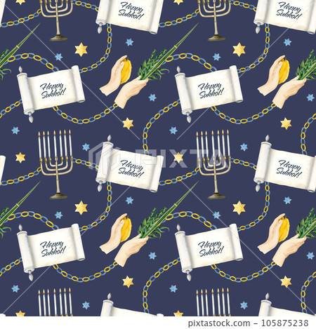 Sukkot seamless pattern on dark navy blue background with watercolor Torah scroll and greetings, waving the Lulav, Etrog, four species, stars of David and menorah for traditional Jewish holiday 105875238