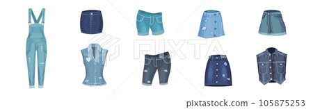 Denim Clothes and Blue Jeans Wear Vector Set Denim Clothes and Blue Jeans Wear Vector Set 105875253
