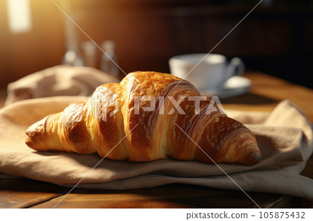Crispy croissants on a wooden board with a towel Crispy croissants on a wooden board with a towel 105875432